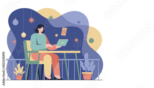 Woman using laptop on a decorated balcony Remote work digital nomad and festive freelance concept
