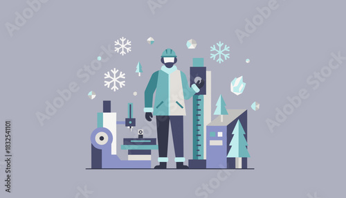 Arctic industrial worker managing machinery in a winter setting Flat vector illustration