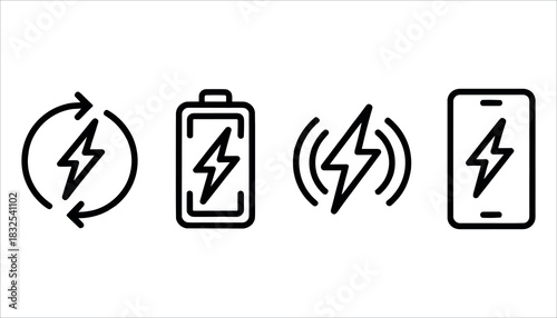 Four black line icons depicting battery charging and power symbols battery icon charging icon