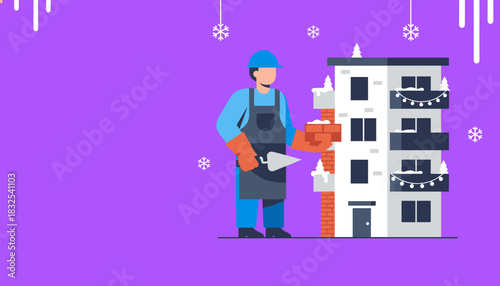 Mason builds a wall next to an apartment decorated for Christmas Construction concept