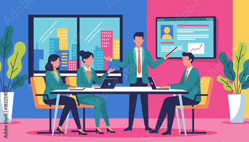 Business team meeting in a modern office reviewing strategy and growth on screen