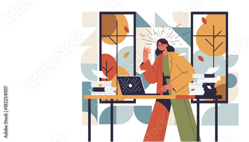 Stressed businesswoman overwhelmed by huge paper piles and deadlines in a modern office setting