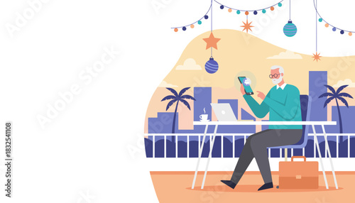 Senior man using smartphone and laptop outdoors in a tropical city working remotely during the holidays