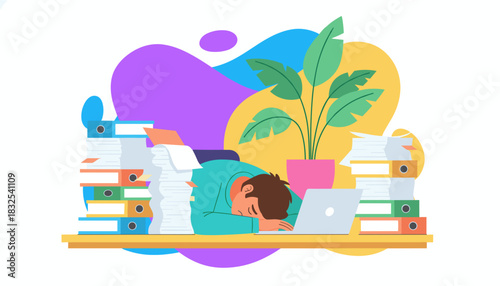 Burnout Exhausted worker sleeps on desk overwhelmed by huge stacks of files and documents