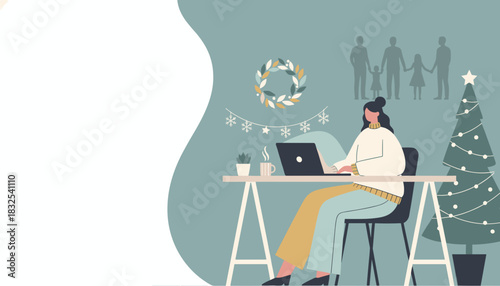 Woman working on a laptop in a cozy festive home office during Christmas holidays