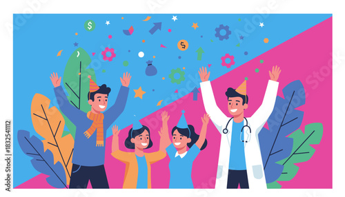 Diverse team celebrating professional success and achievement with confetti money and party hats