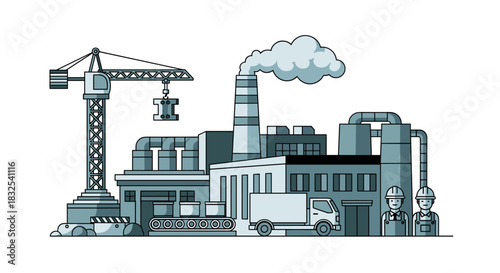 Flat design illustration of an industrial manufacturing complex with workers crane and production line