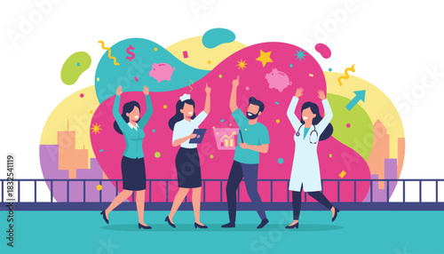 Diverse professionals celebrating financial success and career achievement in a vibrant city setting