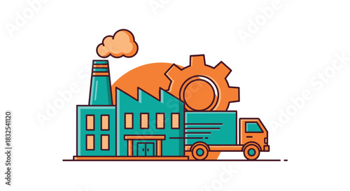 Industrial factory production logistics and shipping concept illustration with truck and gear