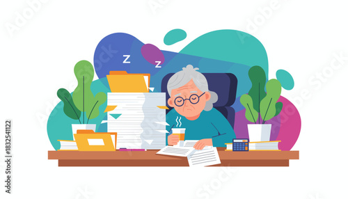Tired elderly employee battling burnout and office bureaucracy needing coffee