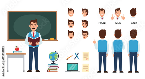 A male teacher character creation set for animation, with various facial expressions, poses, and classroom items like a blackboard and globe.