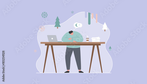 Tired person asleep at desk in winter office Stress burnout or seasonal depression