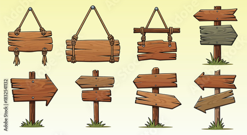 Collection of rustic wooden signposts and hanging signs.