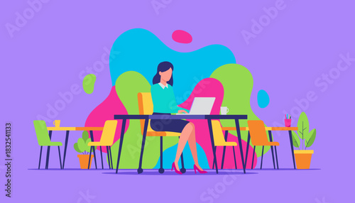 Businesswoman typing on laptop in a colorful modern coworking space illustration