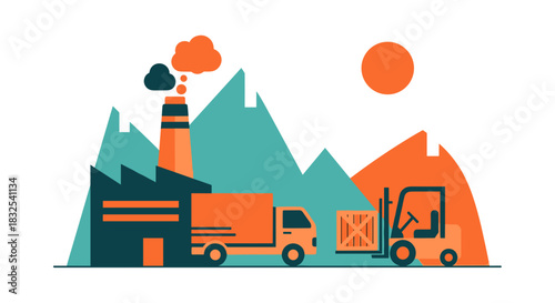 Factory production and transport logistics scene with forklift loading a truck