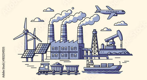 Industrial landscape illustration factory solar wind power oil rig plane train and cargo ship