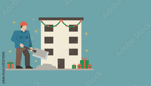 Flat illustration of worker with shovel near Christmasdecorated building and gifts