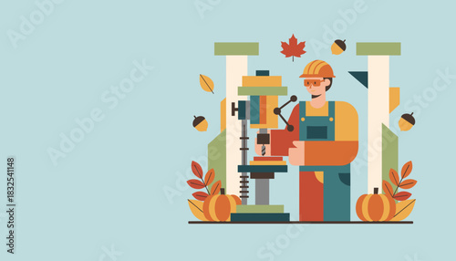 Autumn manufacturing concept Worker operates machinery surrounded by fall leaves and pumpkins