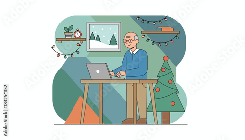 Smiling senior man using a laptop at a standing desk in a festive cozy home office during the holidays