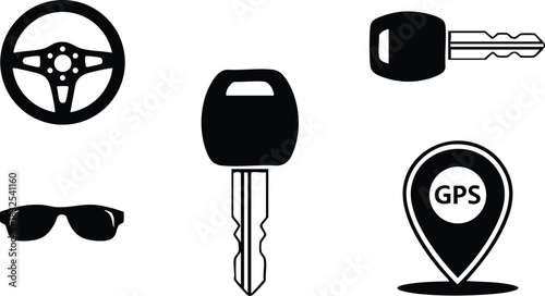 Monochrome vector art of car steering wheel keys gps pin and sunglasses arranged as simple driving accessory icons on clean white background
