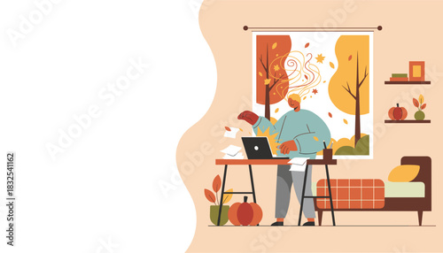 A stressed man works remotely in a cozy autumn room facing a creative burnout or deadline