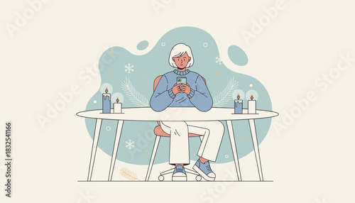 Woman texts on smartphone at desk cozy winter scene with candles and snowflakes Modern illustration