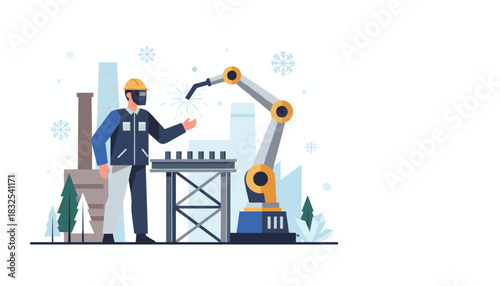 Worker and robotic arm collaborating in a winter industrial factory setting Automation and labor
