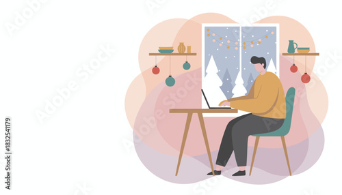 Working remotely indoors during winter holidays Man using laptop by festive snowy window