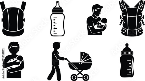 Flat design black baby care icons with father holding newborn stroller and carrier front view arranged in two rows on white background parenting silhouette set