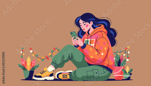 Young woman using smartphone while sitting casually among decorative lights and potted plants Digital lifestyle