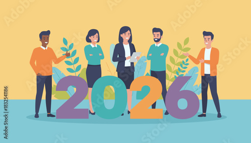 Diverse business team planning future success with 2026 numbers strategy and teamwork