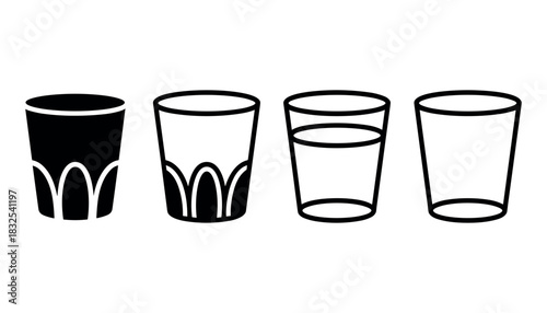 Four glasses in a row one solid black with pattern two outlined with pattern and one outlined empty drinkware