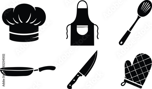 Flat design black kitchen utensil icons with chef hat apron spatula frying pan knife and quilted oven mitt arranged in two rows on white background
