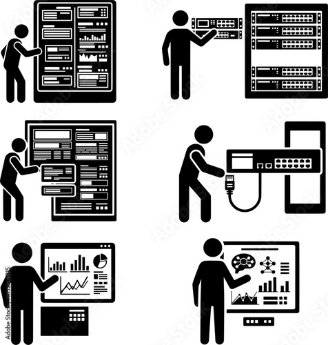 IT Network Server Management and Data Analysis Icon Set - Stick Figures