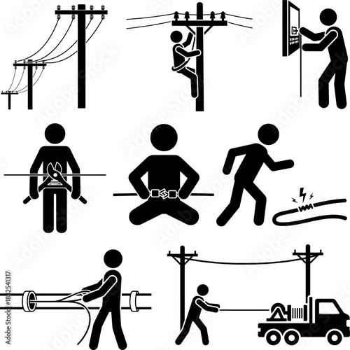 Worker Installing Cable, Repairing Power Lines, and Telecommunication Icon