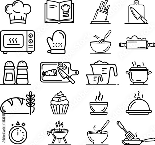 Cooking, Kitchen Utensils, and Food Preparation Icon Set - Line Art