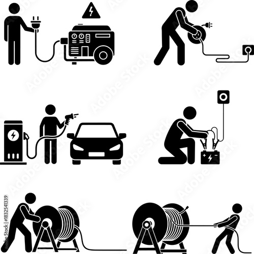 Electricity, Power Supply, and Electric Vehicle Charging Pictogram Set