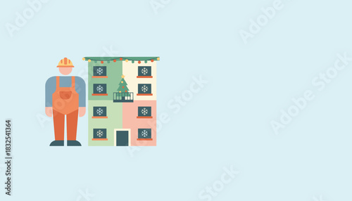 Flat design worker preparing a festive apartment building for the holidays