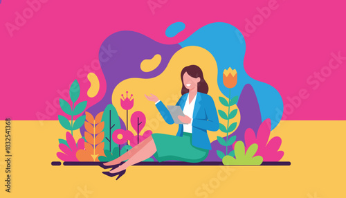 Professional woman uses tablet in vibrant flat design floral landscape