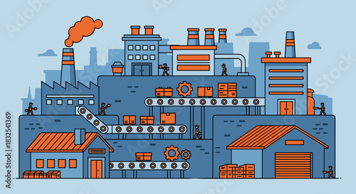 Stylized illustration of factory production line logistics and industrial manufacturing process