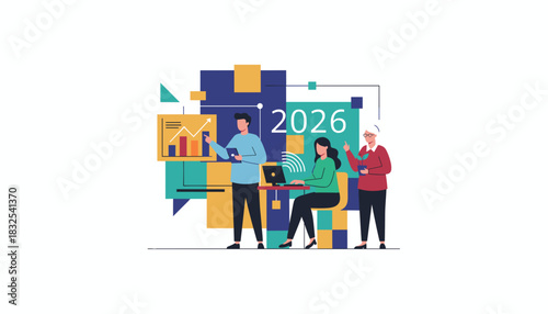 Business team planning 2026 financial strategy with data analysis and collaboration