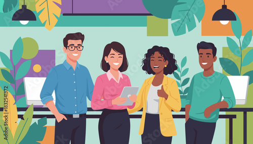 Diverse team collaborating happily in a modern office environment Teamwork and business success