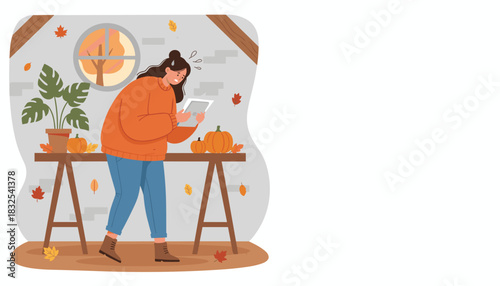Frustrated woman planning fall decorating tasks using a tablet next to pumpkins and leaves