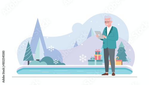 Happy senior man shopping online using a tablet in a snowy winter landscape surrounded by gifts