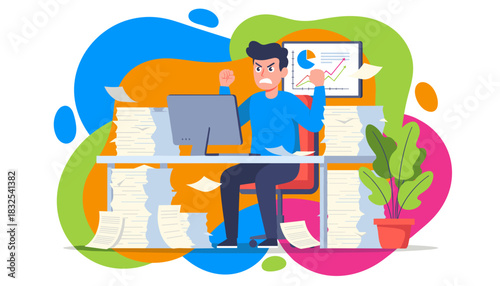 Angry employee overwhelmed by extreme workload and paperwork at office desk Stress and deadline pressure