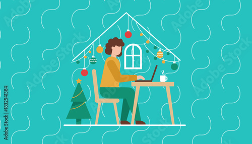 Working from home during Christmas holidays Woman using laptop in festive decorated house illustration