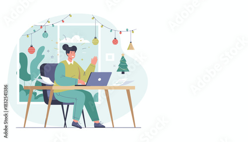 Happy woman working remotely on laptop waving during a holiday video call in a festive home office