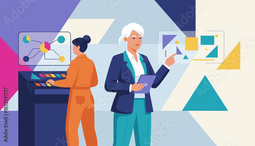 Business women analyze complex data using advanced holographic interfaces and control panel technology