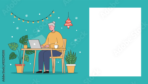 Mature woman works on laptop remotely at a festive winter desk Template illustration with copy space