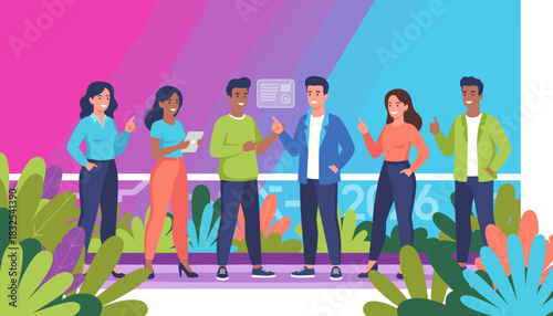 Diverse professional team collaborating in a modern colorful setting Business vector illustration